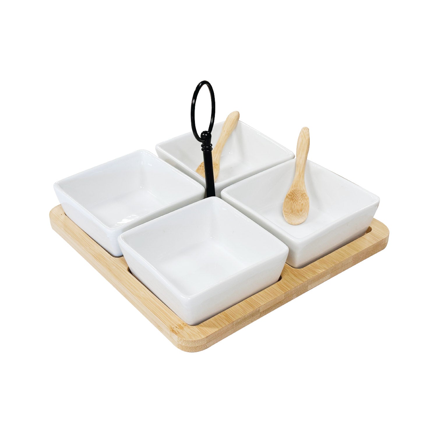 JS Gourmet - Ensemble de Service de Hors-D'oeuvres, Plateau en Bambou, Bols en Céramique et Cuillères - Simple Boutique