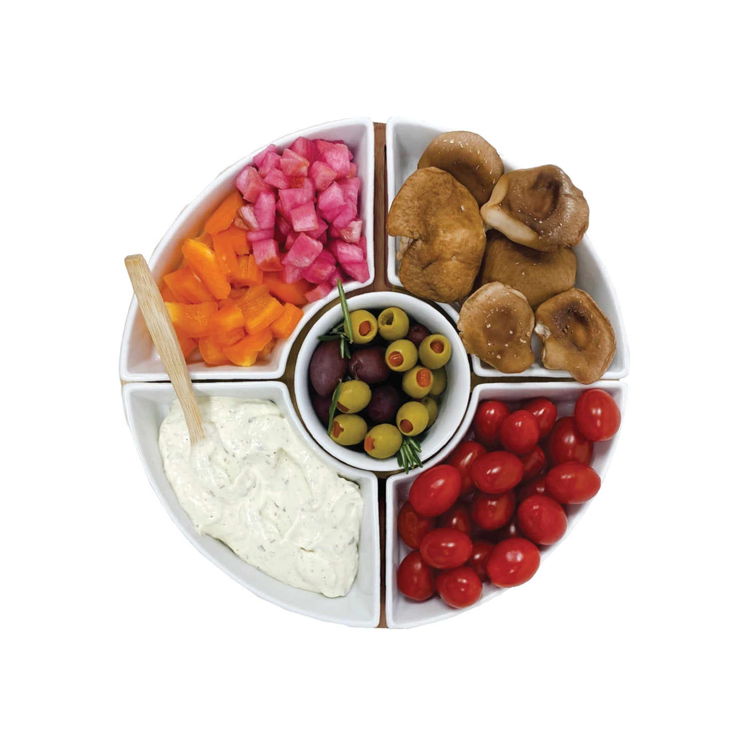 JS Gourmet - Ensemble de Service de Hors-D'oeuvres, Plateau en Bambou, Bols en Céramique et Cuillères - Simple Boutique