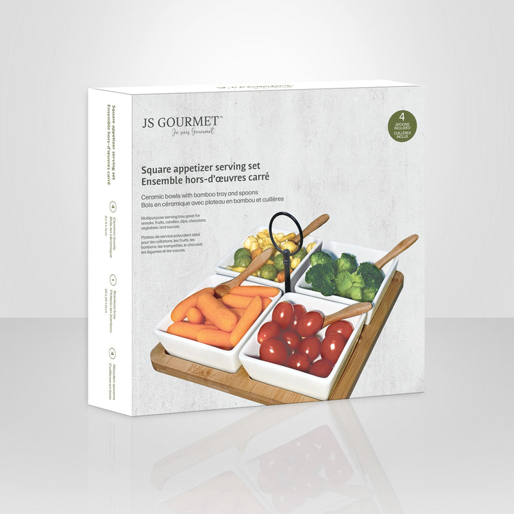 JS Gourmet - Ensemble de Service de Hors-D'oeuvres, Plateau en Bambou, Bols en Céramique et Cuillères - Simple Boutique