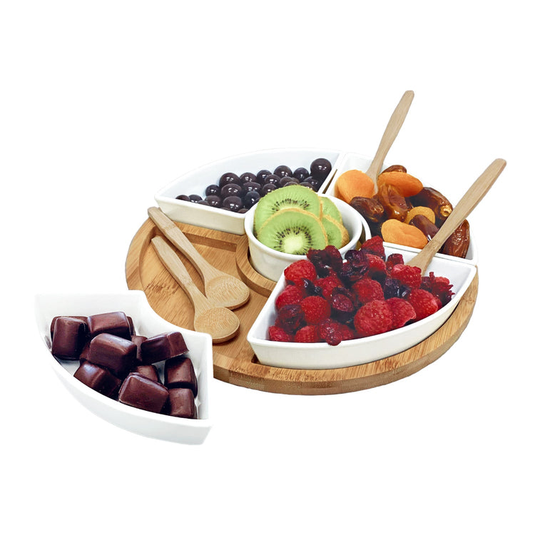 JS Gourmet - Ensemble de Service de Hors-D'oeuvres, Plateau en Bambou, Bols en Céramique et Cuillères - Simple Boutique