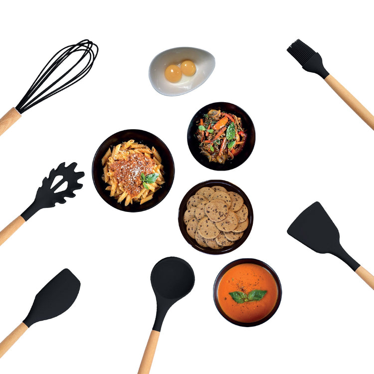 JS Gourmet - Ensemble d'ustensile de Cuisine avec Conteneur de Rangement, Noir - Simple Boutique