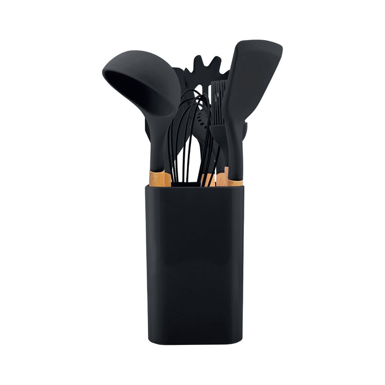 JS Gourmet - Ensemble d'ustensile de Cuisine avec Conteneur de Rangement, Noir - Simple Boutique