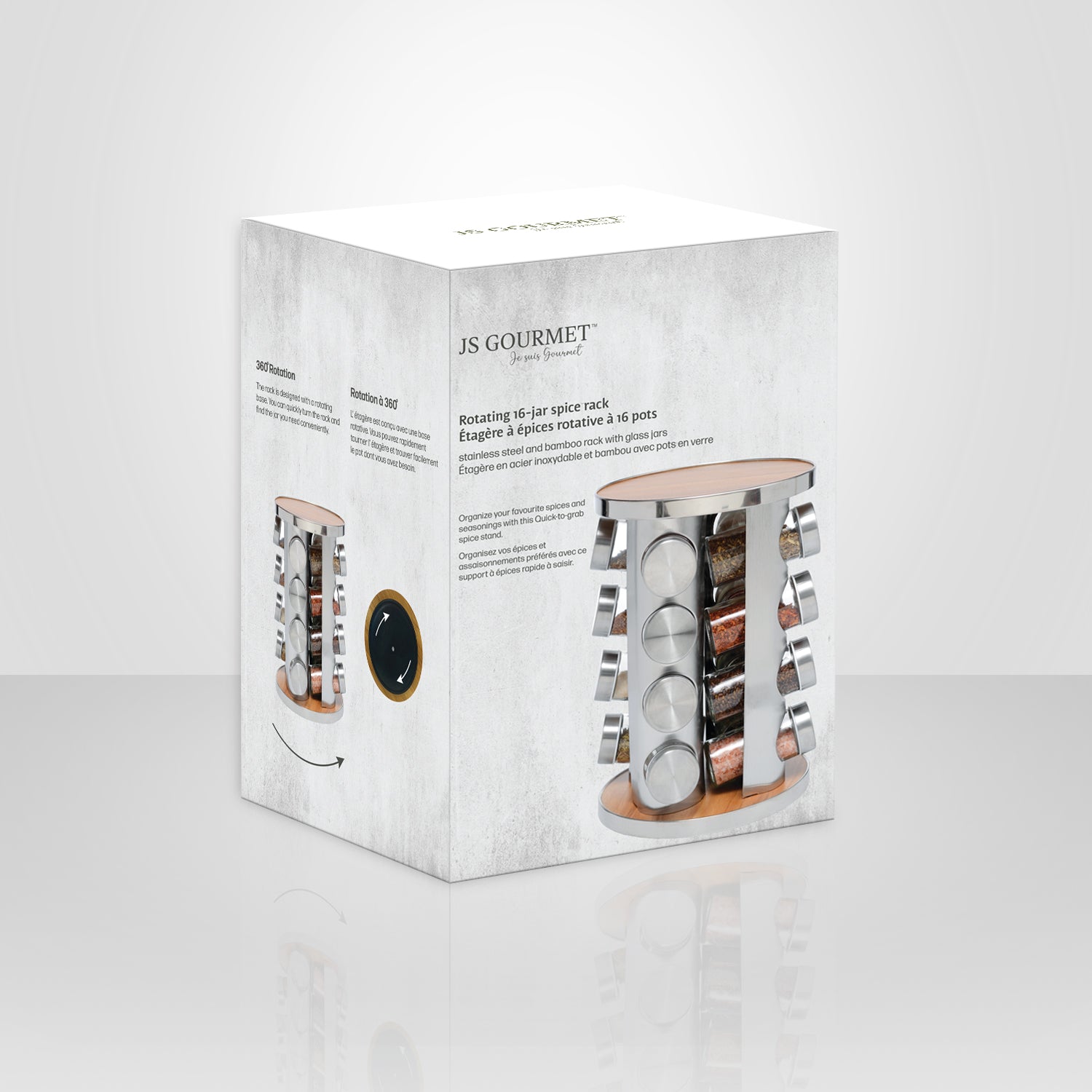 JS Gourmet - Étagère à Épices Rotative en Acier Inoxydable avec 16 Pots en Verre - Simple Boutique
