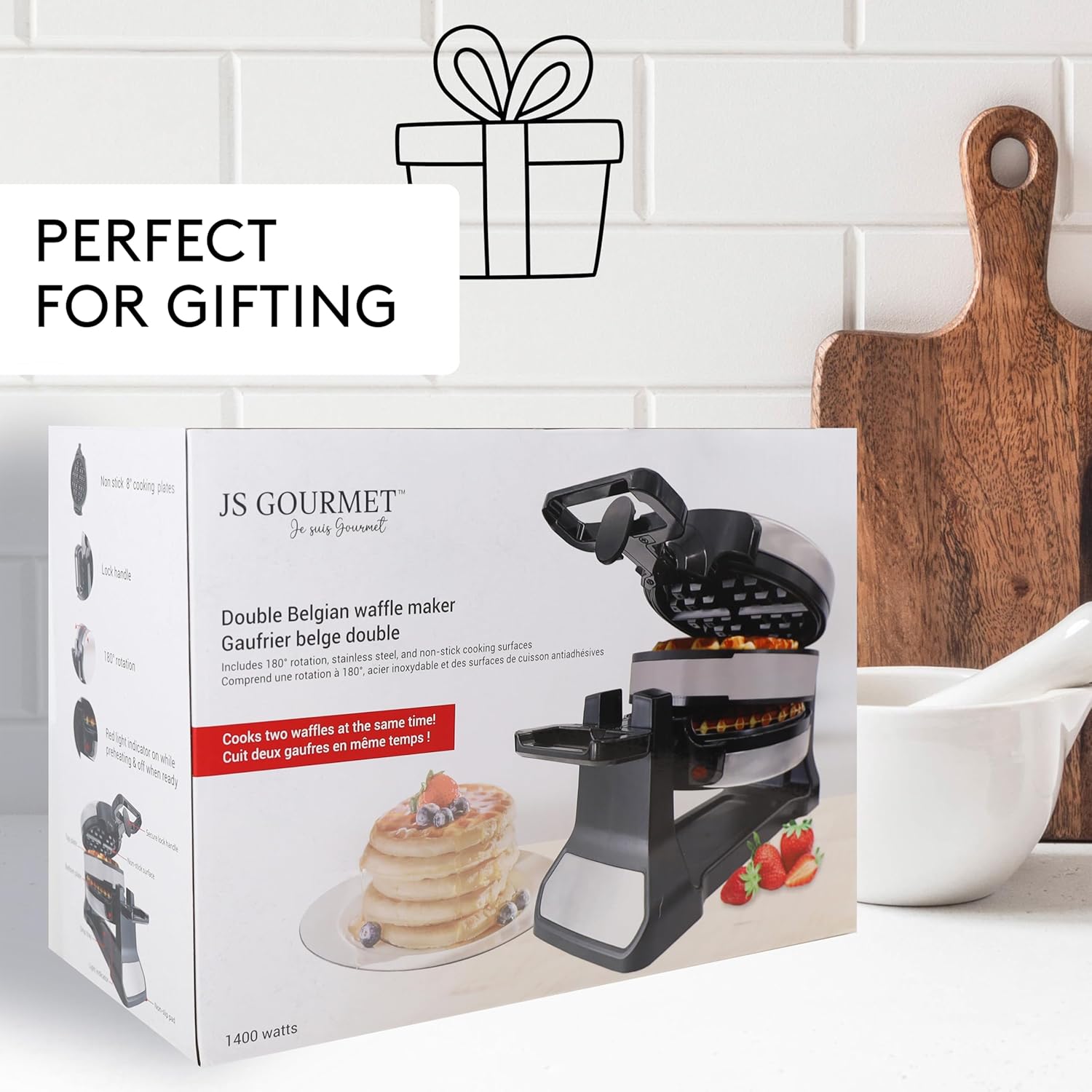 JS Gourmet - Gaufrier Belge Double, Rotation à 180°, Surface Antiadhésive, Acier Inoxydable - Simple Boutique