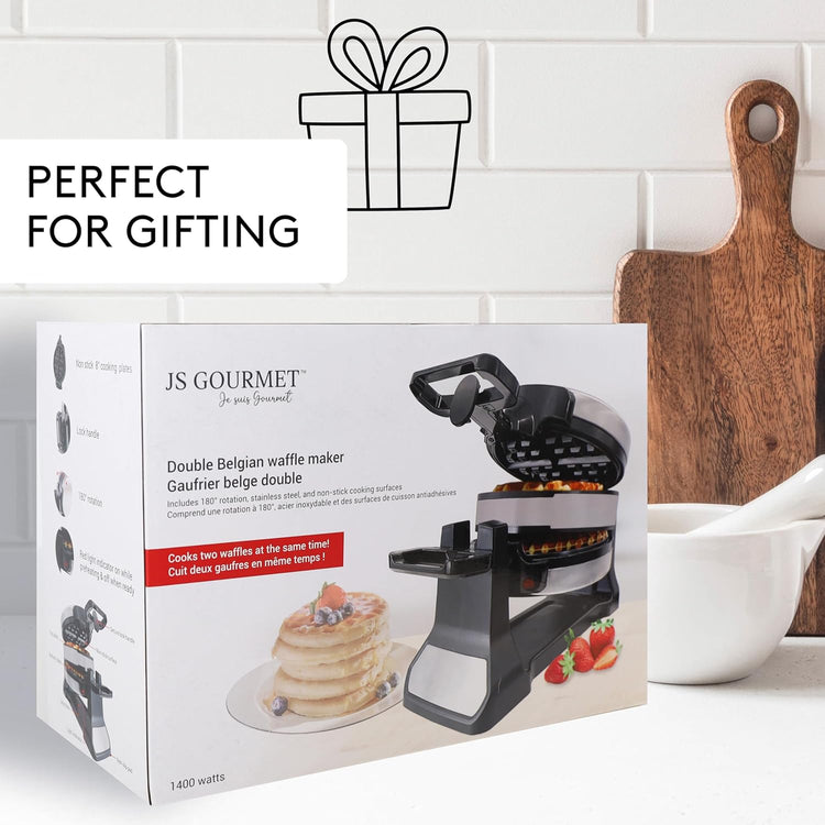 JS Gourmet - Gaufrier Belge Double, Rotation à 180°, Surface Antiadhésive, Acier Inoxydable - Simple Boutique