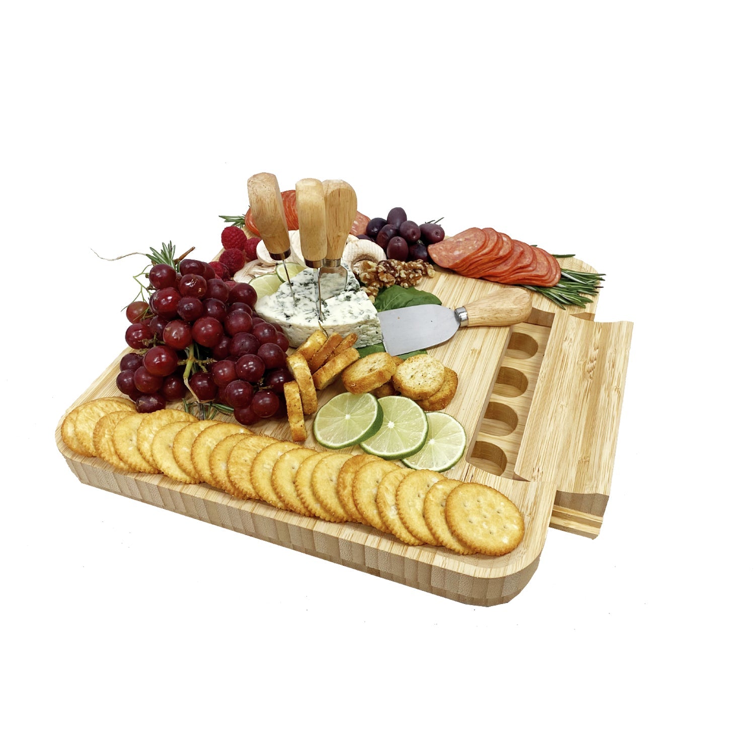 JS Gourmet - Grande Planche à Fromage en Bambou avec Tiroir Coulissant et 4 Couteaux - Simple Boutique