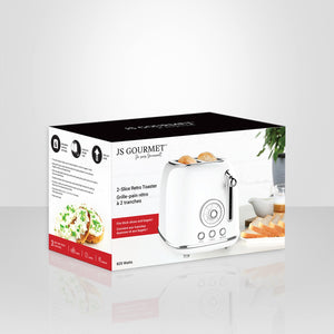 JS Gourmet - Grille-Pain Rétro à 2 Tranches Extra-Large, 6 Niveaux de Brunissage, 825 Watts, Blanc - Simple Boutique