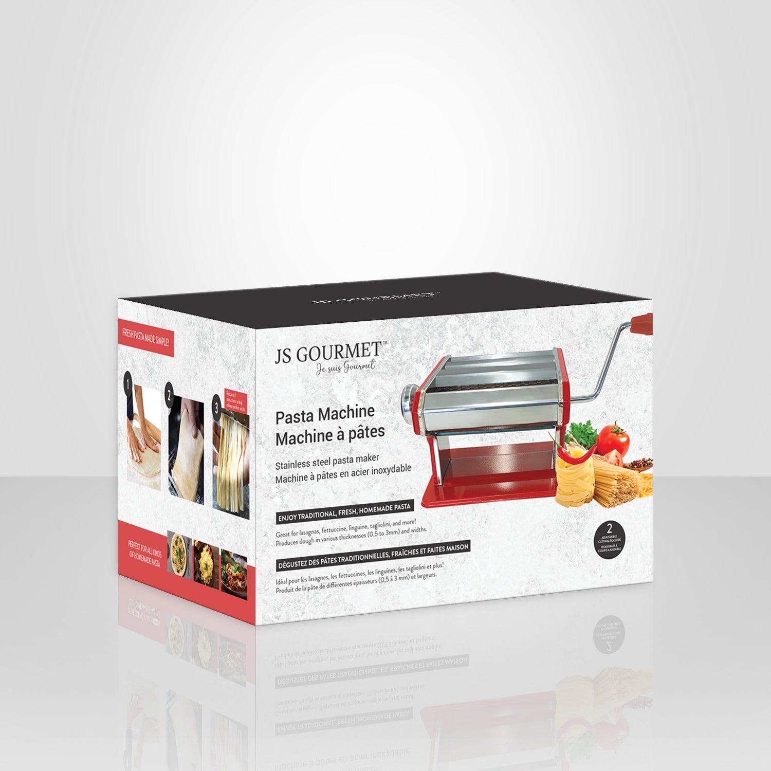 JS Gourmet - Machine à Pâtes Manuel en Acier Inoxydable, 2 Rouleaux de Coupe Ajustables, Rouge - Simple Boutique