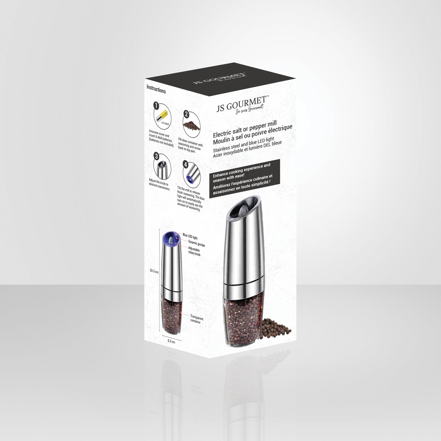 JS Gourmet- Moulin à Sel ou Poivre Électrique Avec Lumière DEL Bleu, Argenté - Simple Boutique