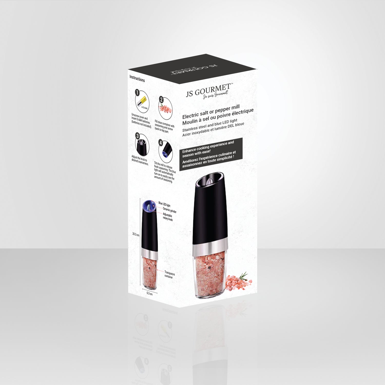 JS Gourmet- Moulin à Sel ou Poivre Électrique Avec Lumière DEL Bleu, Noir - Simple Boutique