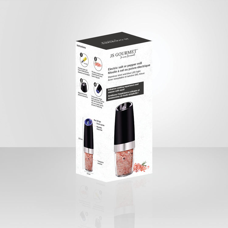 JS Gourmet- Moulin à Sel ou Poivre Électrique Avec Lumière DEL Bleu, Noir - Simple Boutique