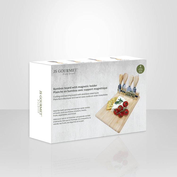 JS Gourmet - Planche à Fromage en Bambou avec 4 Couteaux et Support Magnétique - Simple Boutique