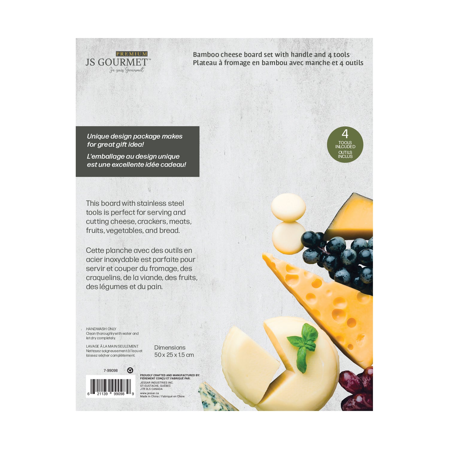 JS Gourmet - Planche à Fromage en Bambou avec Manche et 4 Outils en Acier Inoxydable - Simple Boutique