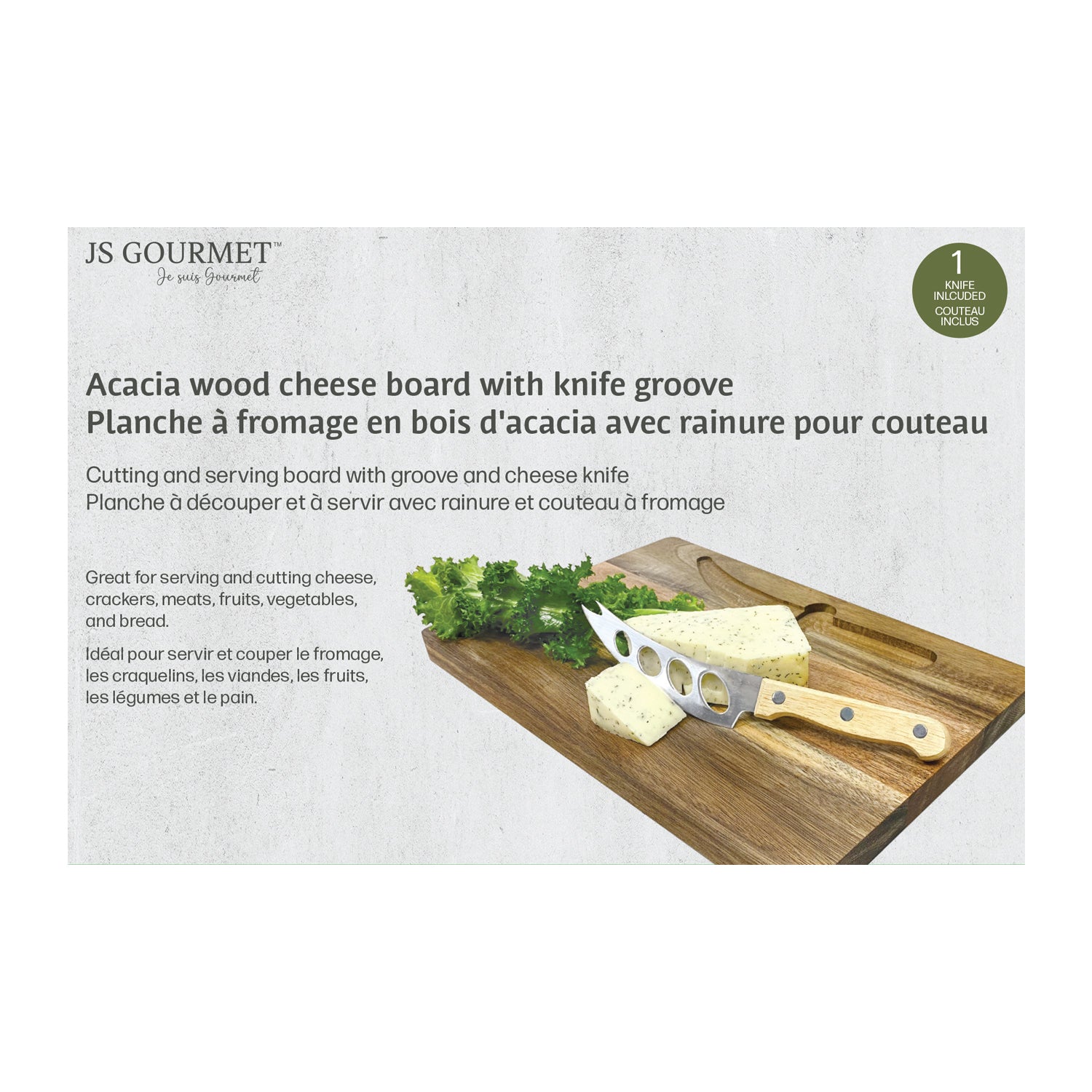 JS Gourmet - Planche à Fromage en Bois d'acacia Avec Couteau en Acier Inoxydable - Simple Boutique