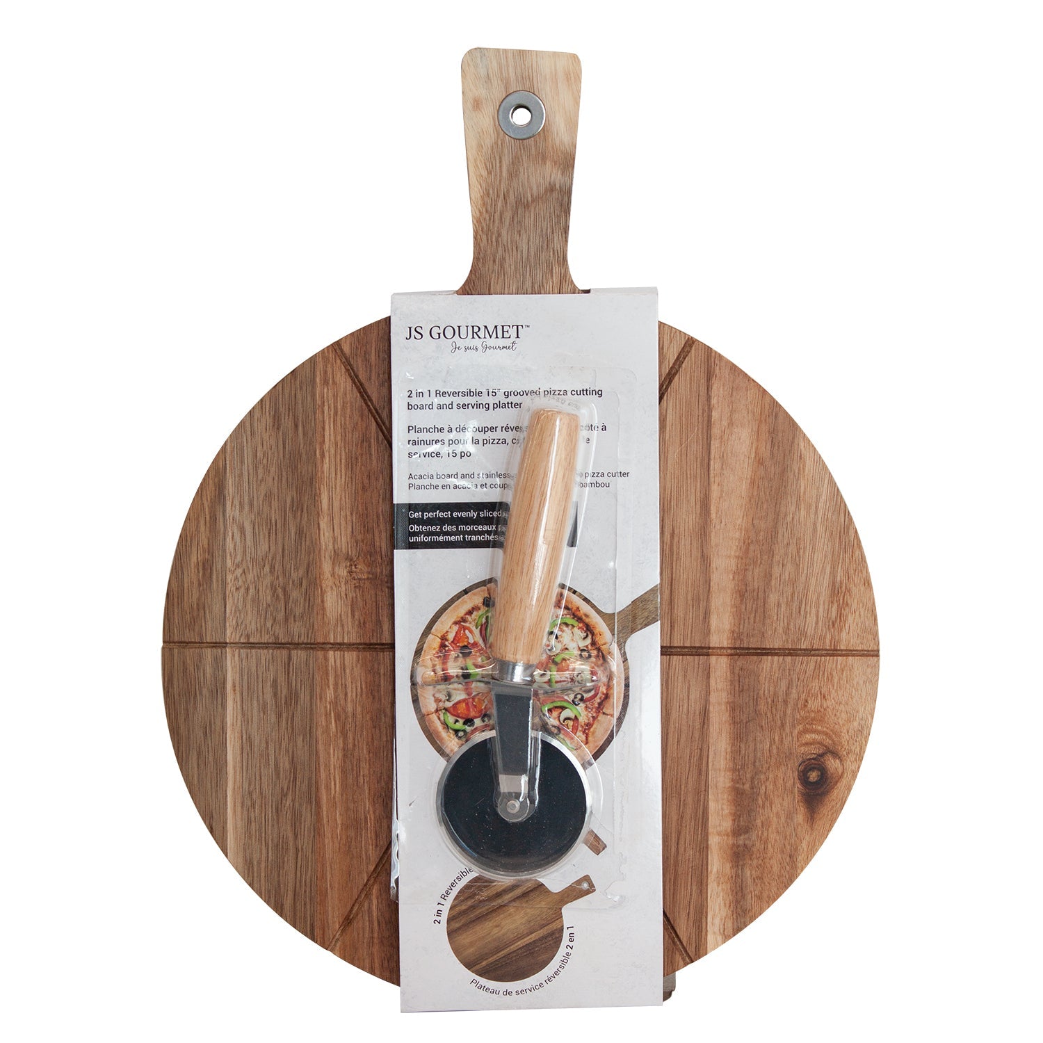 JS Gourmet - Planche à Pizza Réversible 2 en 1 en Bois, Diamètre de 15" - Simple Boutique