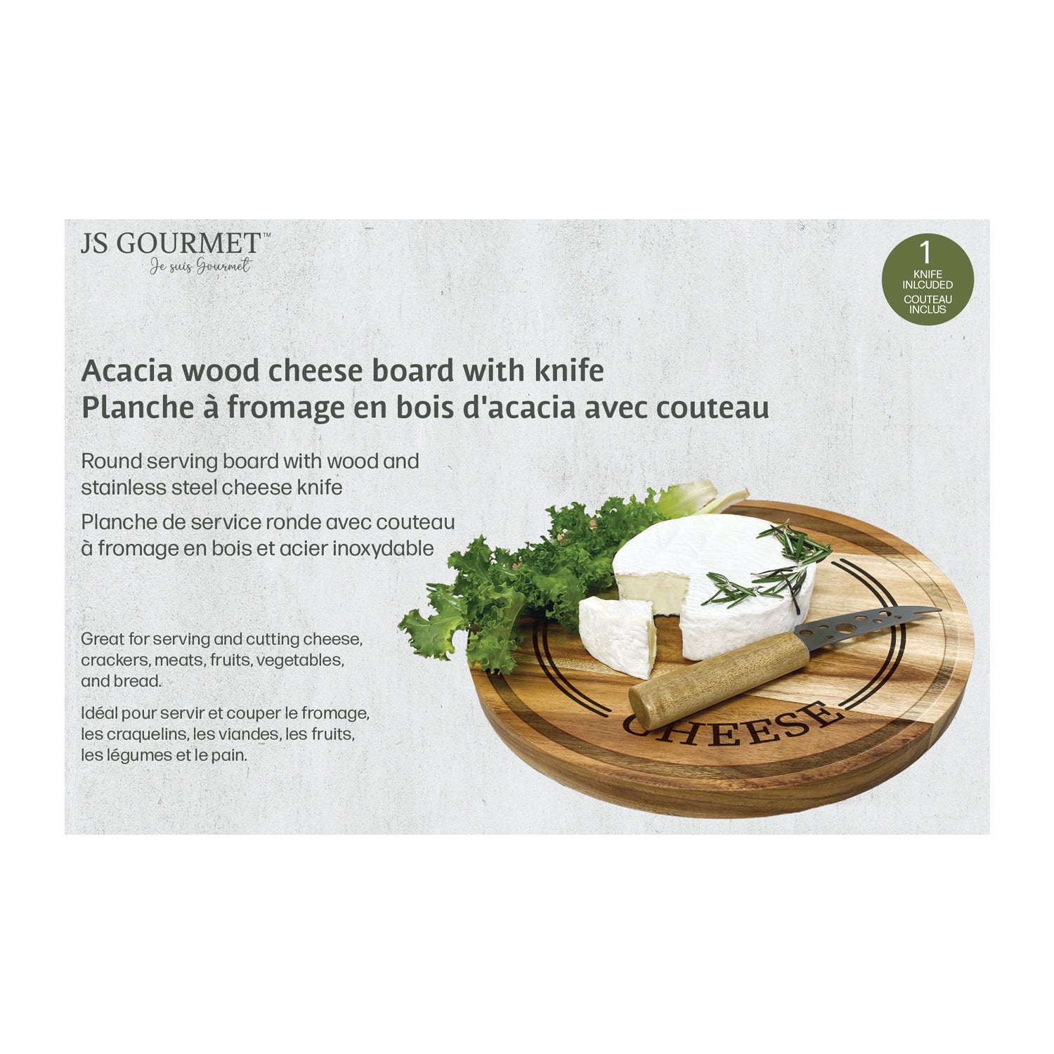 JS Gourmet - Planche de Service en Bois d'acacia avec Couteau à Fromage - Simple Boutique