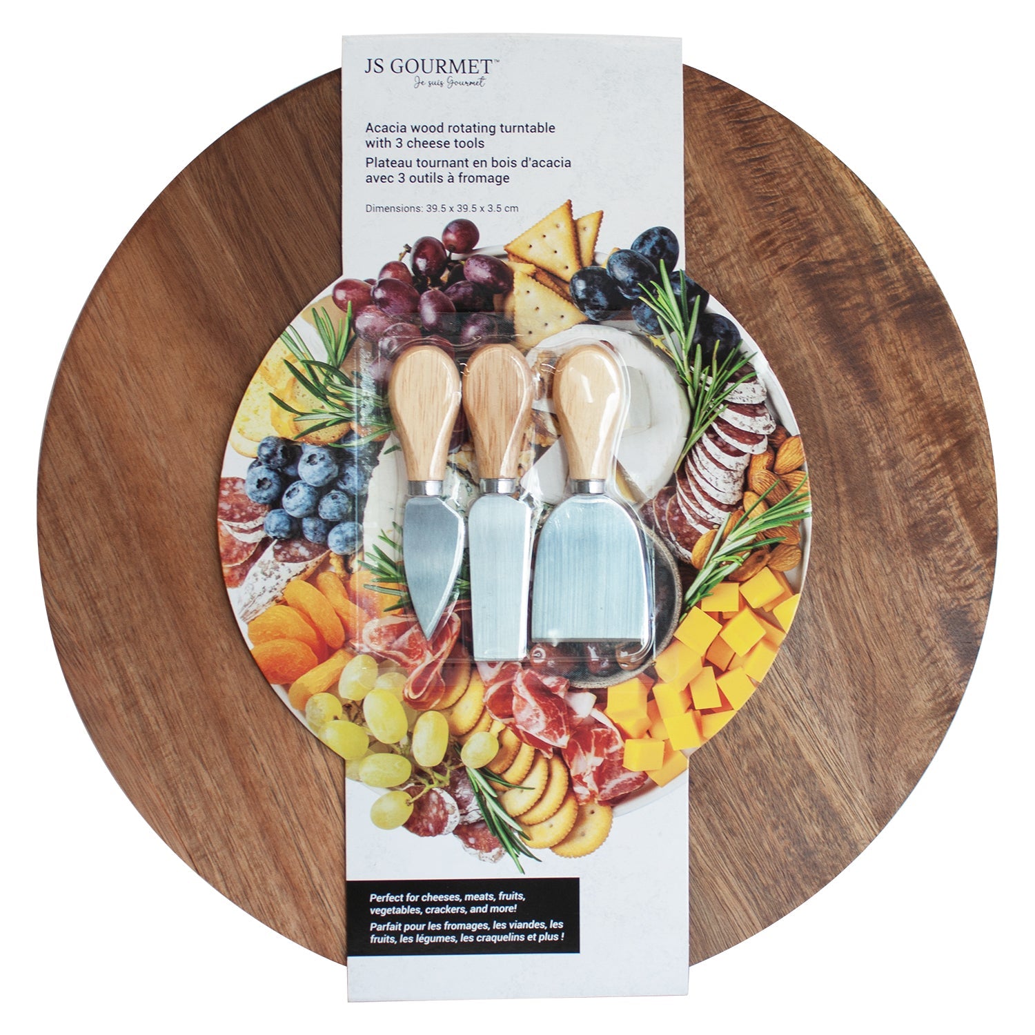 JS Gourmet - Plateau Tournant en Bois d'acacia avec 3 Outils à Fromage - Simple Boutique