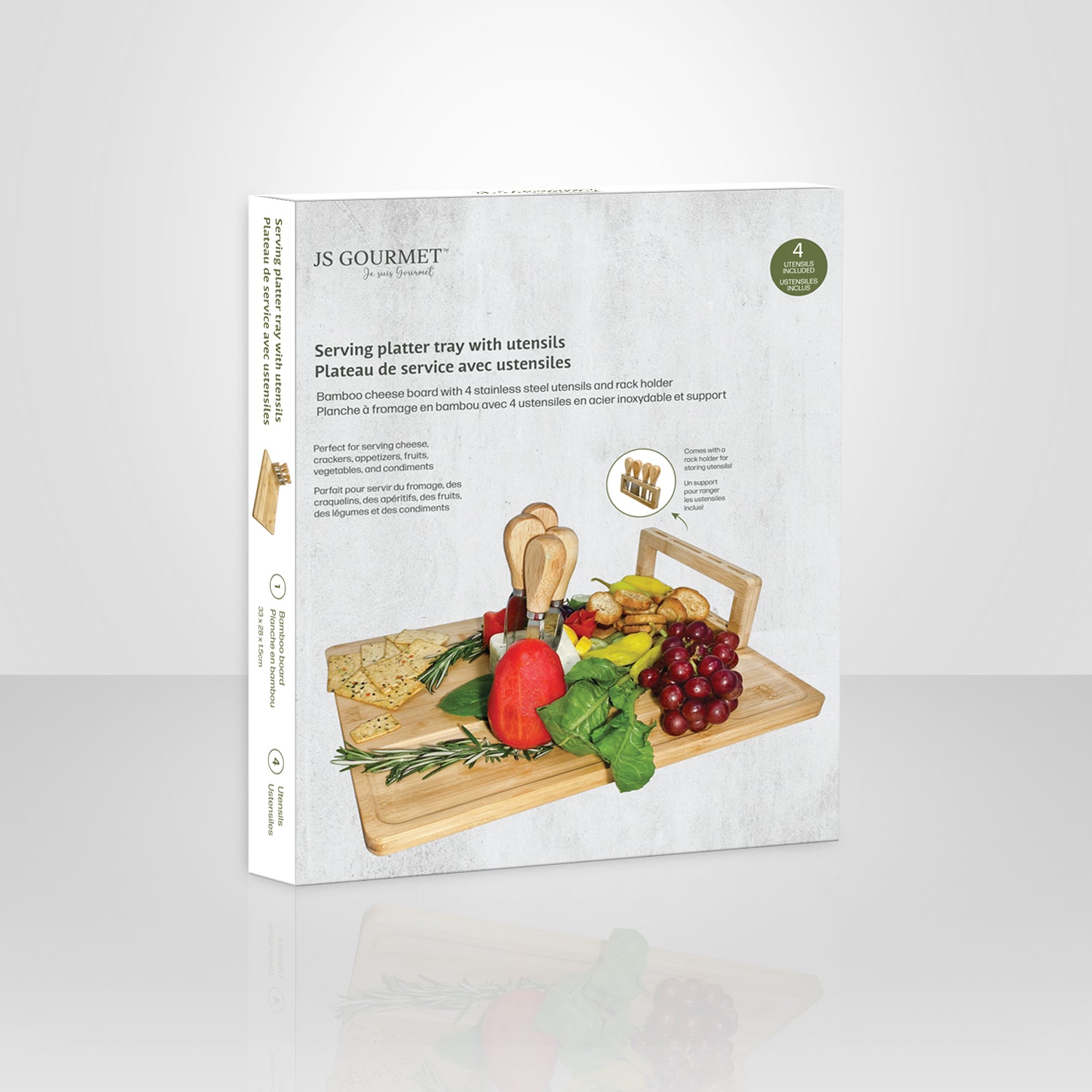 JS Gourmet - Plateau de Service en Bambou avec 4 Outils à Fromage - Simple Boutique