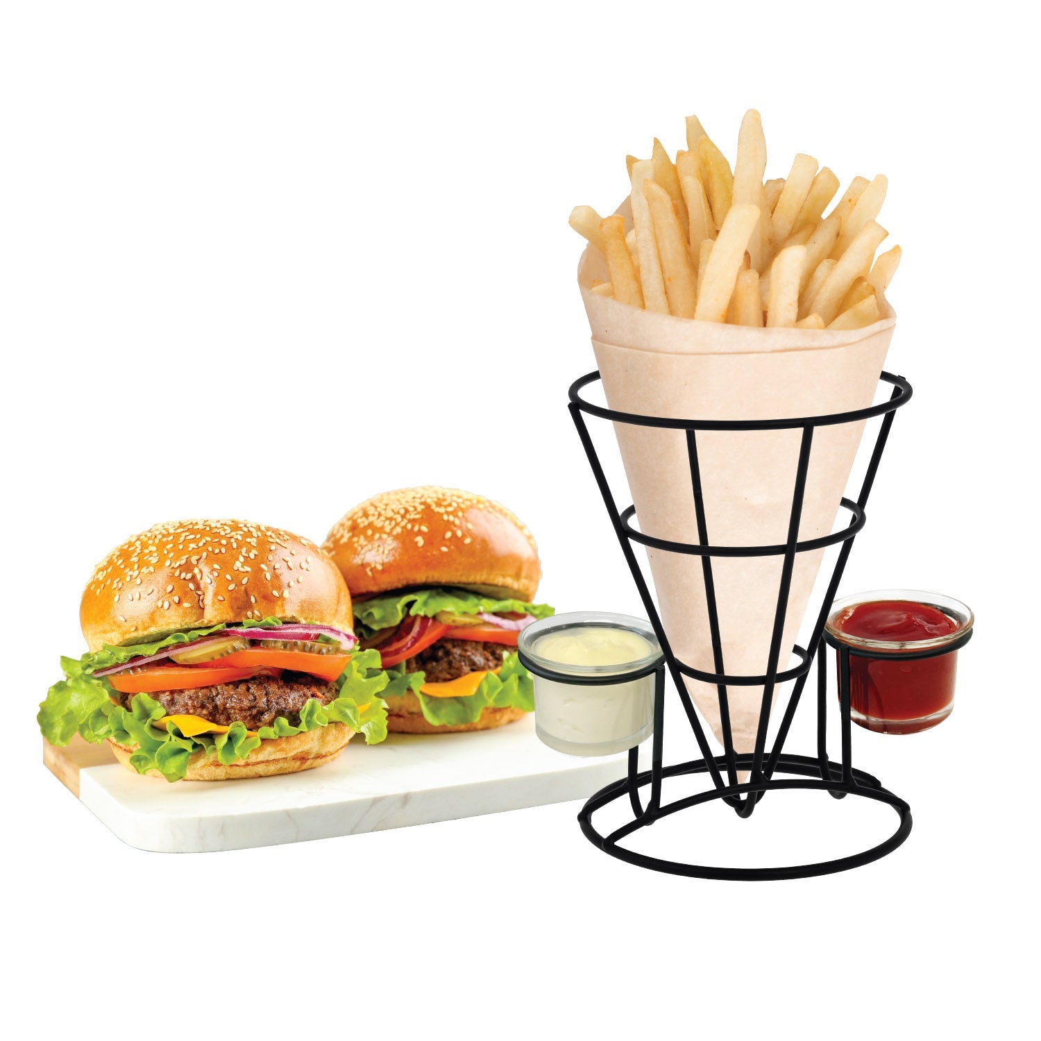 JS Gourmet - Porte-Frites avec 2 Contenants pour Condiment, Acier Noir - Simple Boutique