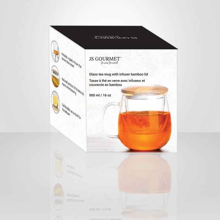 JS Gourmet - Tasse à Thé en Verre avec Infuseur et Couvercle en Bambou, Capacité de 500ml - Simple Boutique