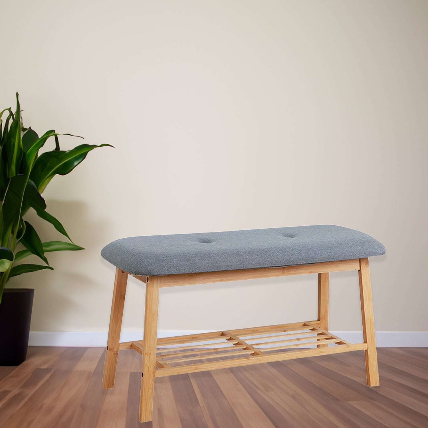 Jessar - Banc pour Entrée avec Rangement pour Chaussures, Cadre en Bambou, Gris - Simple Boutique