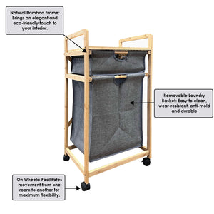 Jessar - Meuble de Rangement avec Panier à Linge Amovible, Cadre en Bambou, Gris - Simple Boutique