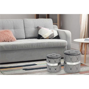 Jessar - Ottomane/Repose-Pied Rond avec Rangement, De la Collection Baron, Esemble de 2, Velours Gris - Simple Boutique