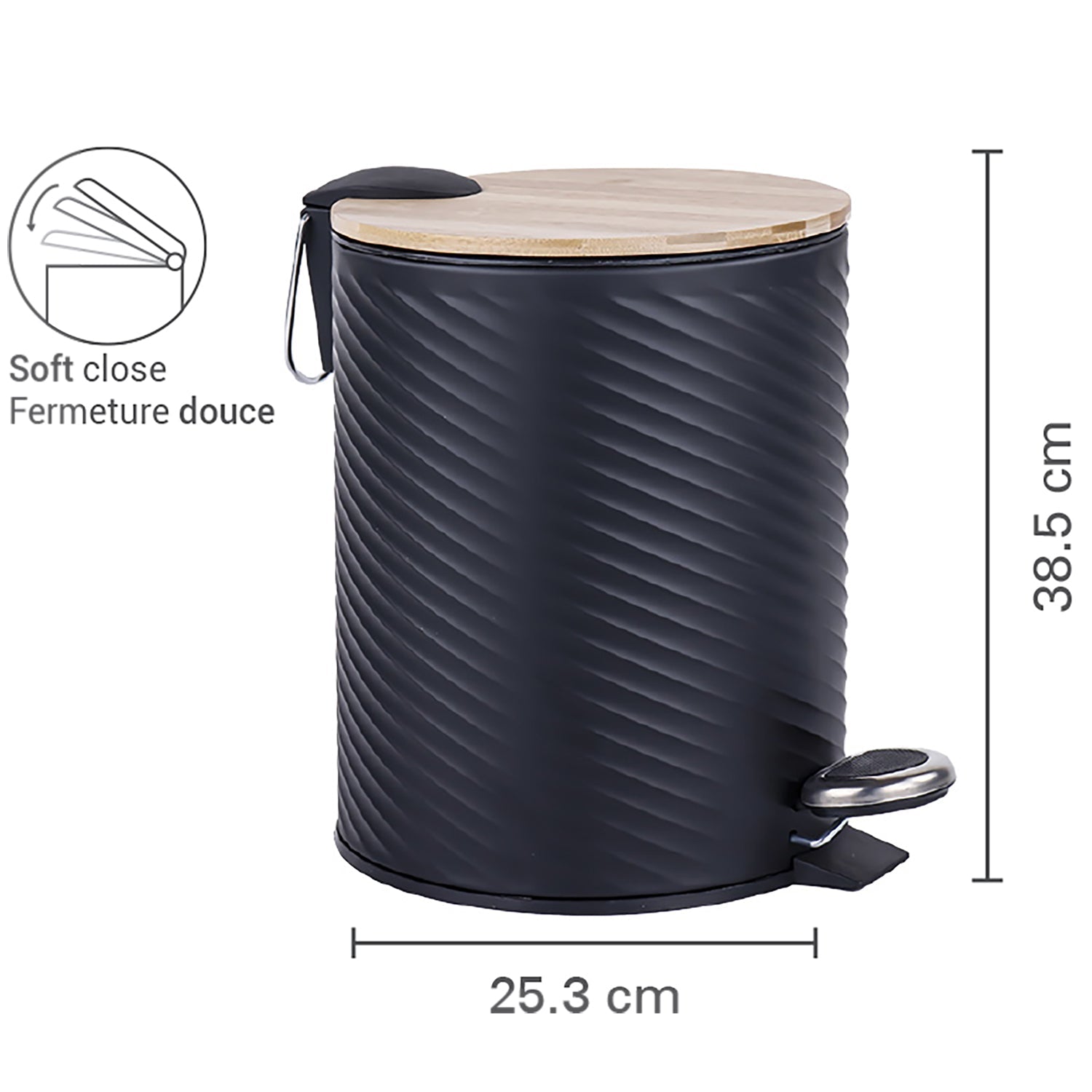 Jessar - Poubelle à Pédale, Capacité de 12 Litres, Fermeture Douce, Couvercle en Bambou, Noir - Simple Boutique