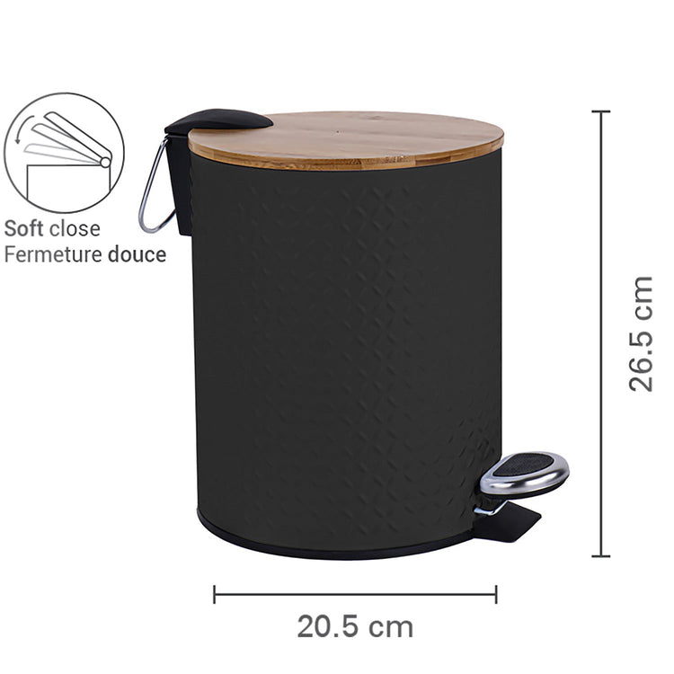Jessar - Poubelle à Pédale, Capacité de 5 Litres, Fermeture Douce, Couvercle en Bambou, Noir - Simple Boutique