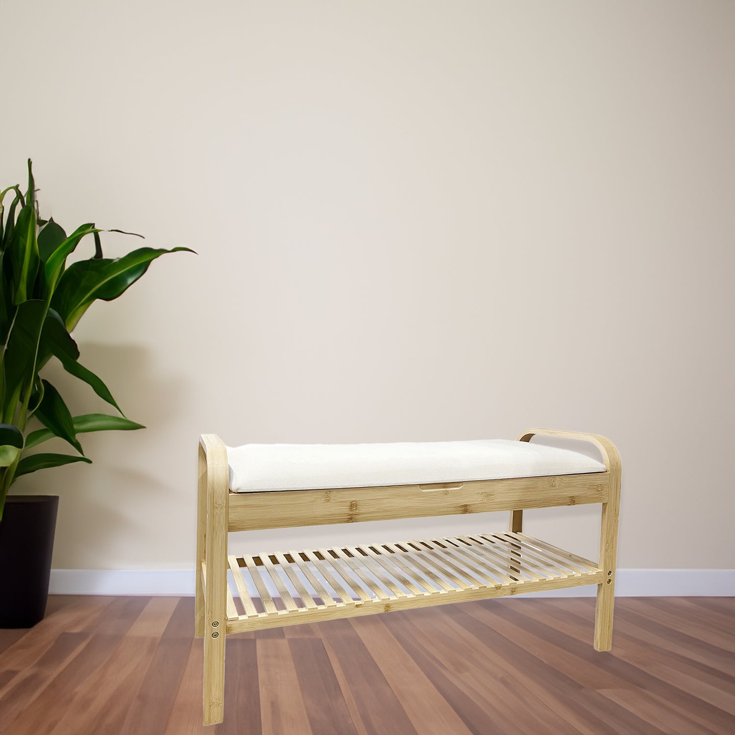 Jessar - Tabouret d'entrée avec Rangement pour Chaussures, Assise Rembourrée, Cadre en Bambou - Simple Boutique