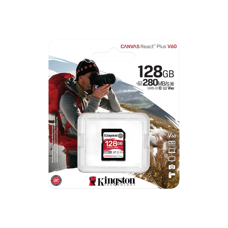 Kingston - Carte Mémoire SD Canvas React Plus V60, SDXC UHS-II 280R/100W U3/V60/4K, Capacité de 128 Go - Simple Boutique