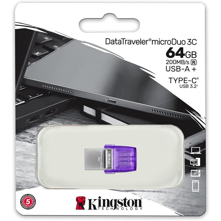 Kingston - Clé USB 3.2 Type-C et Type-A DataTraveler microDuo 3C, 200 Mo/s, Capacité de 64Go - Simple Boutique