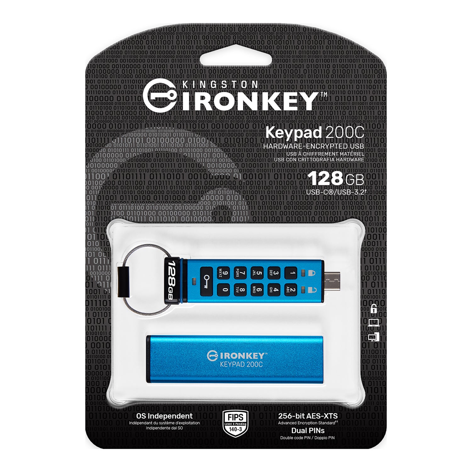 Kingston - Clé USB-C à Cryptage IronKey Keypad série 200, Certifié FIPS 140-3 Niveau 3 (en attente), Capacité de 128 Go - Simple Boutique