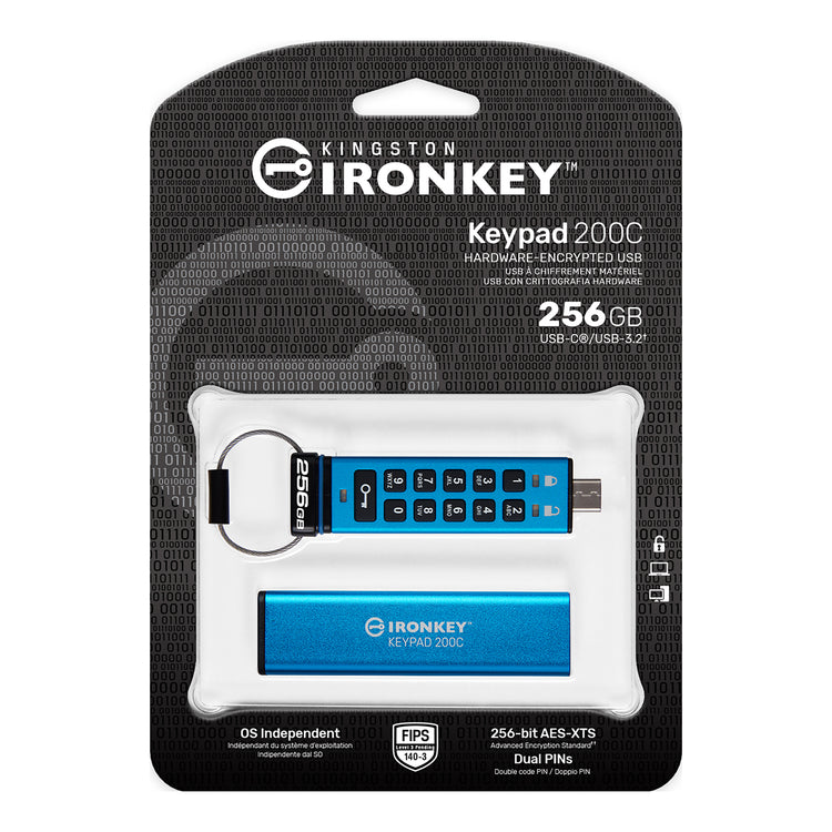 Kingston - Clé USB-C à Cryptage IronKey Keypad série 200, Certifié FIPS 140-3 Niveau 3 (en attente), Capacité de 256 Go - Simple Boutique