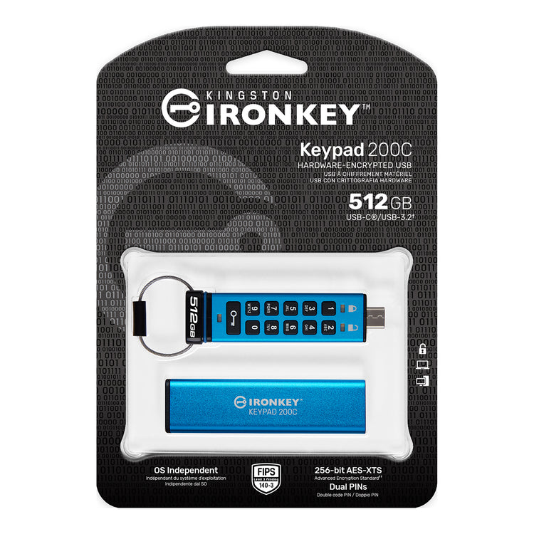 Kingston - Clé USB-C à Cryptage IronKey Keypad série 200, Certifié FIPS 140-3 Niveau 3 (en attente), Capacité de 512 Go - Simple Boutique