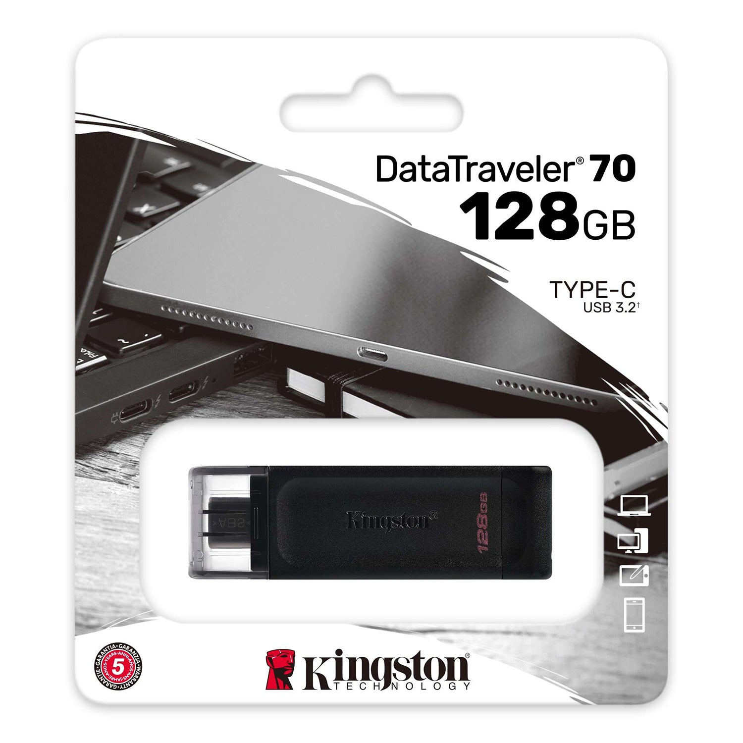 Kingston - Clé USB Type-C 3.2 Gen 1 DataTraveler 70, Capacité de 128 Go, Noir - Simple Boutique