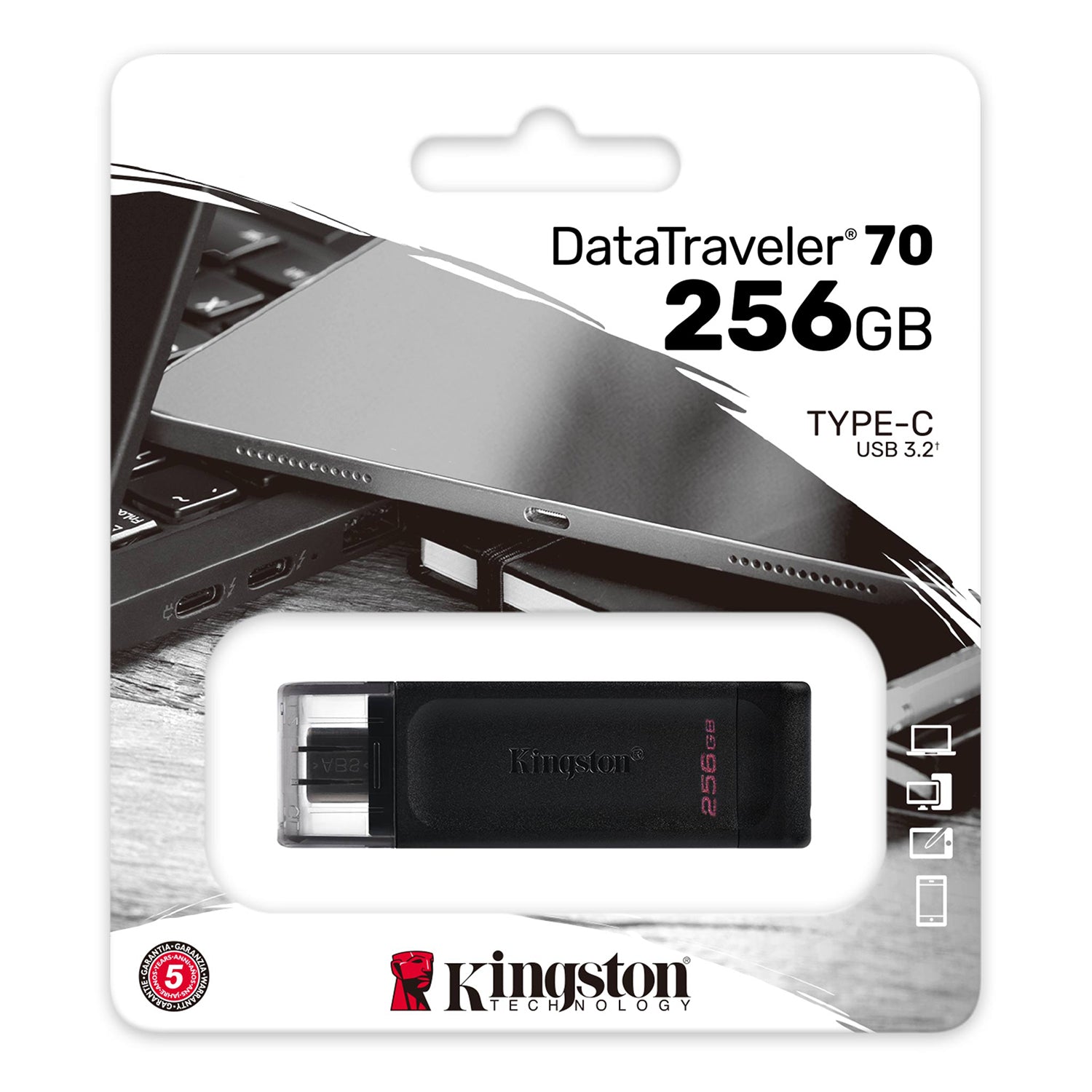 Kingston - Clé USB Type-C 3.2 Gen 1 DataTraveler 70, Capacité de 256 Go, Noir - Simple Boutique