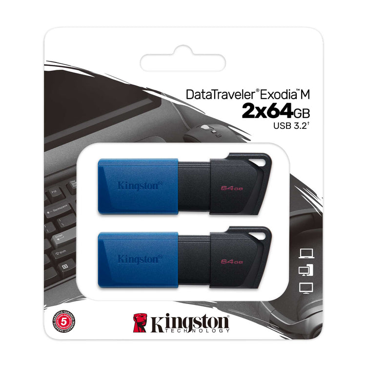 Kingston - Lot de 2 Clés USB 3.2 Gen 1 DataTraveler Exodia M, Capacité de 64 Go, Bleu - Simple Boutique