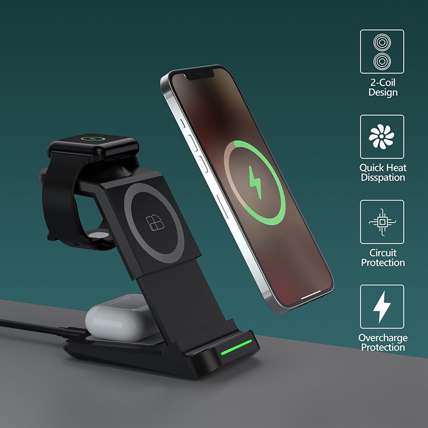 LAX - Station de Charge Rapide Sans-Fil 3 en 1, Noir - Simple Boutique