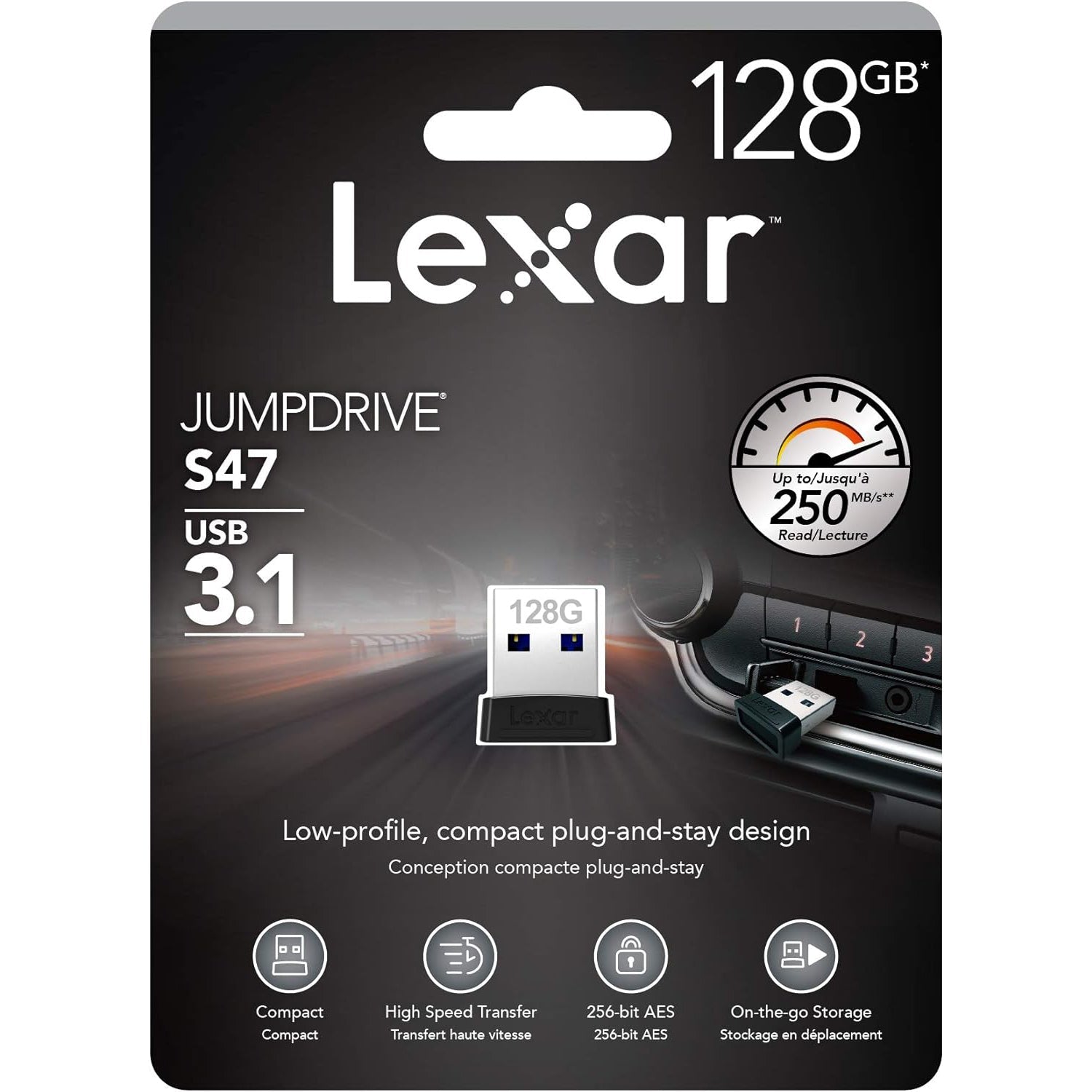 Lexar - Clé USB 3.1 Extra-Fine JumpDrive S47, Jusqu'à 250 Mo/s en Lecture, Capacité de 128GO - Simple Boutique