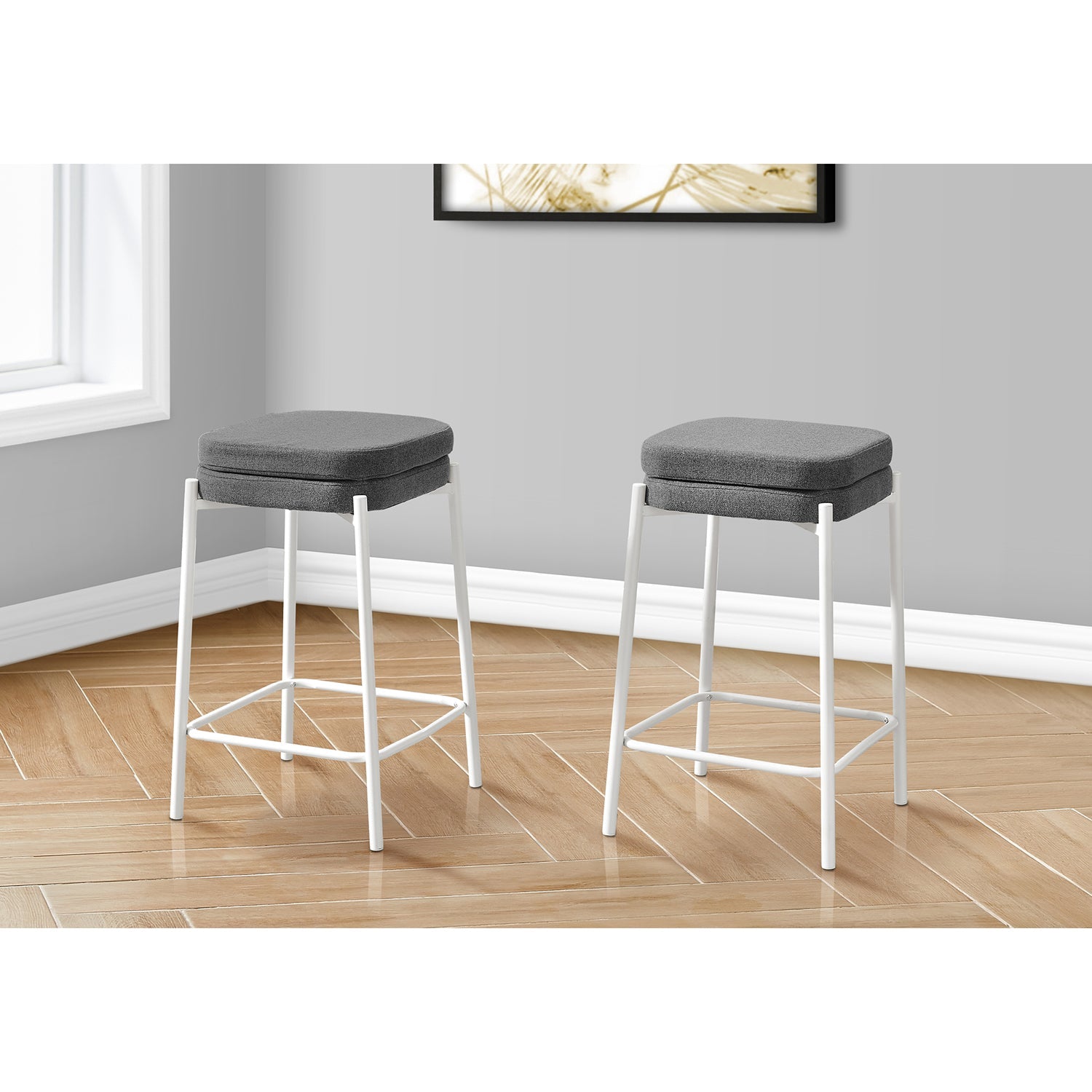 Monarch Specialties I 2227 - Tabouret De Bar, Hauteur Du Comptoir, Ensemble De 2, Cuisine, Tissu Gris, Métal Blanc, Contemporain, Moderne - Simple Boutique