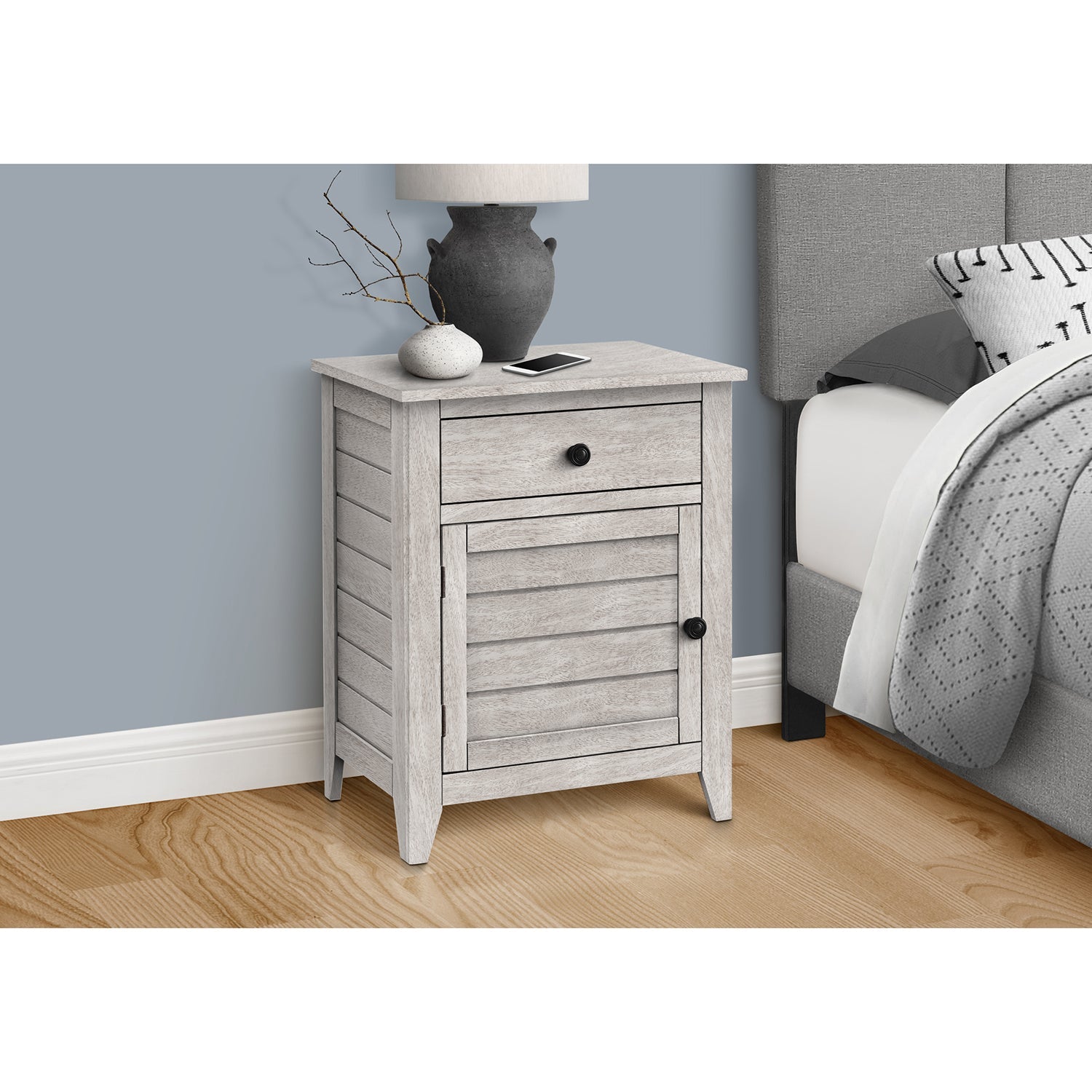 Monarch Specialties I 3950 - Table D'appoint, Table De Nuit, Tiroir De Rangement, Bout, Table D'appoint, Chambre À Coucher, Lampe, Rangement, Placage Gris, Transitionnel - Simple Boutique