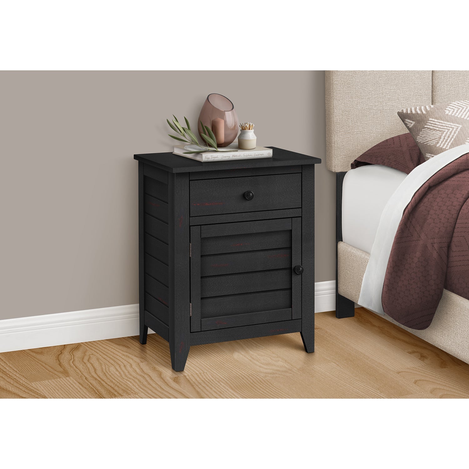 Monarch Specialties I 3951 - Table D'appoint, Table De Nuit, Tiroir De Rangement, Bout, Table D'appoint, Chambre À Coucher, Lampe, Rangement, Placage Noir, Transitionnel - Simple Boutique