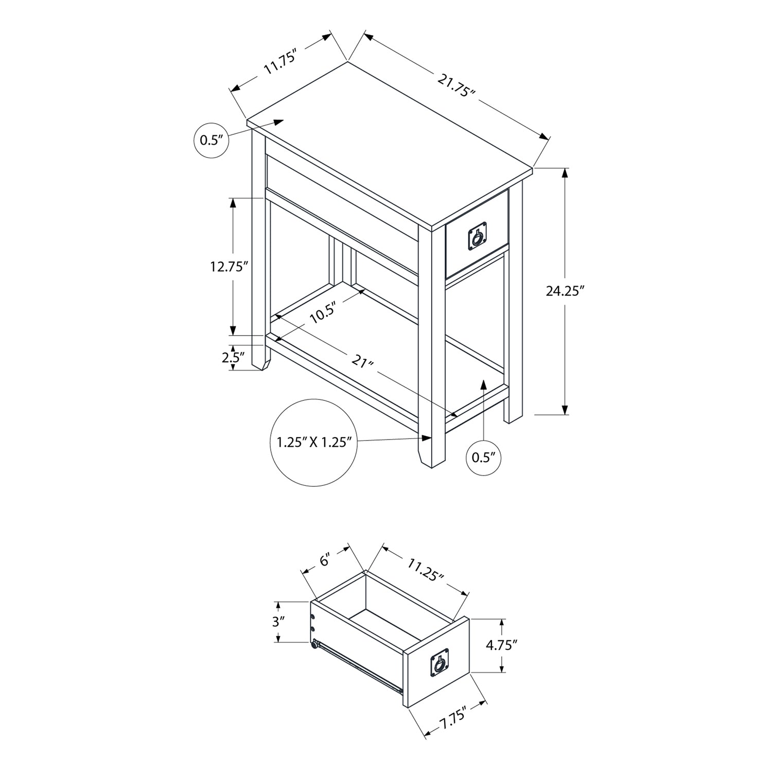 Monarch Specialties I 3953 - Table D'appoint, Bout, Table D'appoint, Table De Nuit, Chambre À Coucher, Étroit, Tiroir De Rangement, Placage Brun, Transitionnel - Simple Boutique