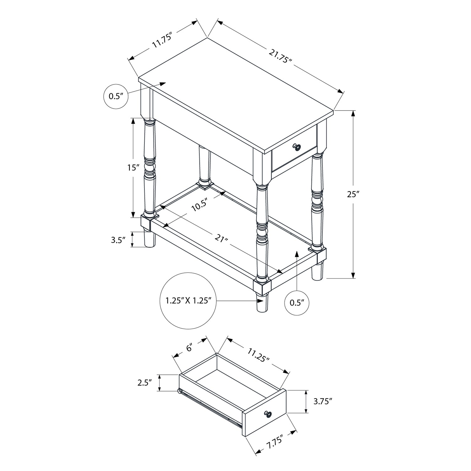 Monarch Specialties I 3958 - Table D'appoint, 2 Niveaux, Bout, Table D'appoint, Table De Nuit, Chambre À Coucher, Étroit, Lampe, Tiroir De Rangement, Placage Brun, Placage Blanc Antique, Traditionnel - Simple Boutique