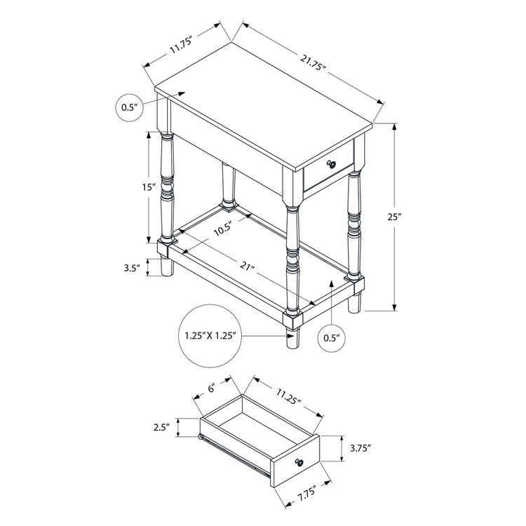 Monarch Specialties I 3958 - Table D'appoint, 2 Niveaux, Bout, Table D'appoint, Table De Nuit, Chambre À Coucher, Étroit, Lampe, Tiroir De Rangement, Placage Brun, Placage Blanc Antique, Traditionnel - Simple Boutique