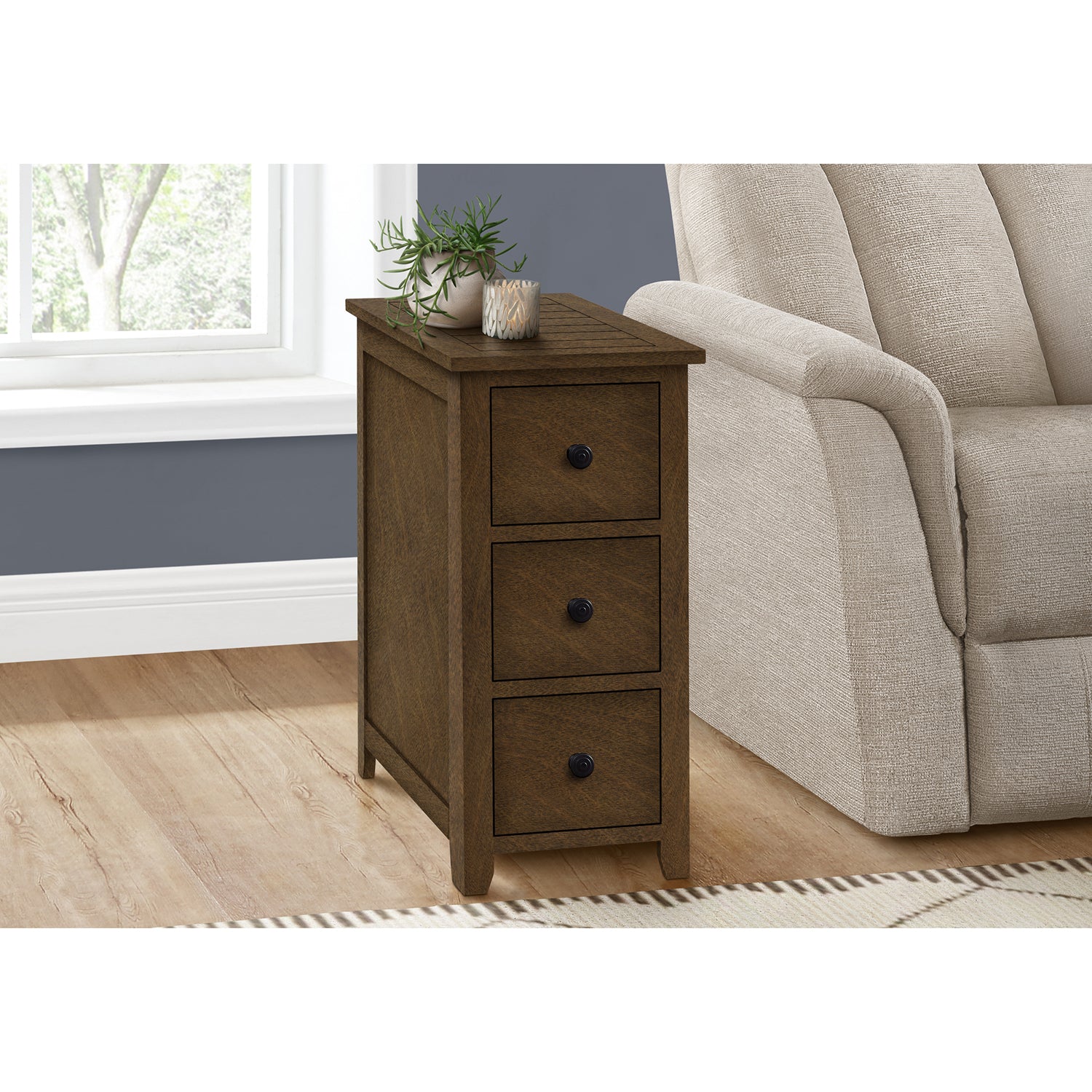 Monarch Specialties I 3959 - Table D'appoint, Bout, Table D'appoint, Table De Nuit, Étroit, Chambre À Coucher, Tiroir De Rangement, Lampe, Placage Brun, Transitionnel - Simple Boutique