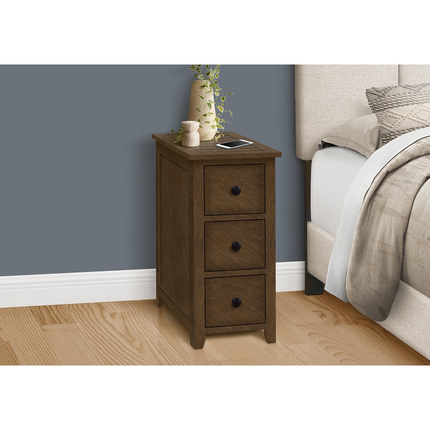 Monarch Specialties I 3959 - Table D'appoint, Bout, Table D'appoint, Table De Nuit, Étroit, Chambre À Coucher, Tiroir De Rangement, Lampe, Placage Brun, Transitionnel - Simple Boutique