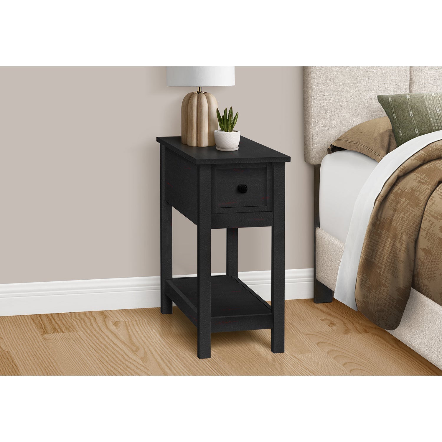 Monarch Specialties I 3961 - Table D'appoint, 2 Niveaux, Bout, Lampe, Table De Nuit, Table D'appoint, Étroit, Petit, Tiroir De Rangement, Chambre À Coucher, Placage Noir, Transitionnel - Simple Boutique