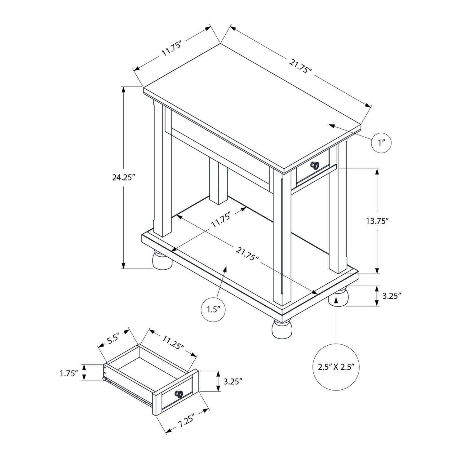 Monarch Specialties I 3967 - Table D'appoint, Bout, Table D'appoint, Étroit, Table De Nuit, Chambre À Coucher, Lampe, Tiroir De Rangement, Placage Brun, Traditionnel - Simple Boutique
